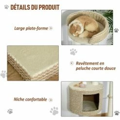 PawHut Arbre à Chats Style Cosy Chic Griffoirs Jute Naturelle Niche Plateforme Peluche Courte Bicolore Beige Café - Beige -PawHut Soldes Boutique 28917429 5