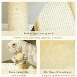 PawHut Arbre à Chat Griffoir Grattoir Design Jeu Boule Suspendue + Plateforme Peluche Sisal Naturel Beige - Beige -PawHut Soldes Boutique 30016583 4