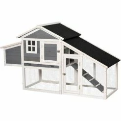 PawHut Poulailler Cottage Cage à Poules Surélevé Dim. 176L X 65l X 100H Cm Multi-équipement Toit Bitumé Noir Bois Sapin Gris Blanc - Gris