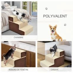 PawHut Escalier Pour Chien Animaux Rampe 2/3 Marches Déhoussable Dim. 54L X 40l X 39H Cm Mousse Haute Densité Tissu Peluche Courte Marron Crème - Marron -PawHut Soldes Boutique 31121140 4