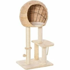 PawHut Arbre à Chats Style Cosy Chic Griffoir Sisal Naturel Grande Niche Plateformes Jeu Boule Corde Escalade Peluche Courte Massette Beige