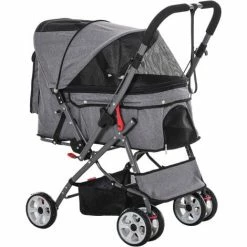 PawHut Poussette Buggy Pliable Chien Chat Panier Et Sac De Rangement Attaches Sécurité Housse Réglable Poignée Réversible Acier Oxford Gris Chiné Noir - Gris