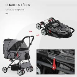 PawHut Poussette Buggy Pliable Chien Chat Panier Et Sac De Rangement Attaches Sécurité Housse Réglable Poignée Réversible Acier Oxford Gris Chiné Noir - Gris -PawHut Soldes Boutique 31931669 4
