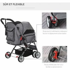 PawHut Poussette Buggy Pliable Chien Chat Panier Et Sac De Rangement Attaches Sécurité Housse Réglable Poignée Réversible Acier Oxford Gris Chiné Noir - Gris -PawHut Soldes Boutique 31931669 5