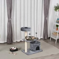 PawHut Arbre à Chats Griffoir Sisal Naturel Centre D'activités Niche Plateformes Jeu Boule Suspendue Et à Ressort Gris - Gris -PawHut Soldes Boutique 32693400 4