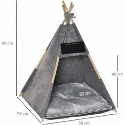 PawHut Tente Tipi Pour Animaux - Teepee Chat Ou Chien - Coussin épais Grand Confort Inclus - Structure Bois De Pin Feutre Peluche PV Gris -PawHut Soldes Boutique 33749251 3