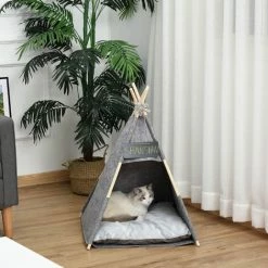 PawHut Tente Tipi Pour Animaux - Teepee Chat Ou Chien - Coussin épais Grand Confort Inclus - Structure Bois De Pin Feutre Peluche PV Gris -PawHut Soldes Boutique 33749251 5