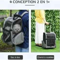 PawHut 2 En 1 Trolley Chariot Sac à Dos Sac De Transport à Roulettes Pour Chien Chat Gris - Gris -PawHut Soldes Boutique 35491560 4
