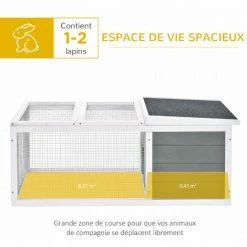 PawHut Clapier De Sol Enclos Extérieur Niche Porte Double Toit Ouvrant Fil Métallique Bois Sapin Pré-huilé Peint Gris Blanc - Gris -PawHut Soldes Boutique 35601267 4