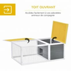 PawHut Clapier De Sol Enclos Extérieur Niche Porte Double Toit Ouvrant Fil Métallique Bois Sapin Pré-huilé Peint Gris Blanc - Gris -PawHut Soldes Boutique 35601267 5