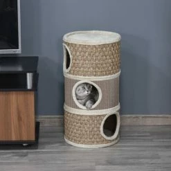 PawHut Arbre à Chat Cylindrique - Tour à Griffer Pour Chat - Arbre à Chat Tour - Tonneau Griffoir - 3 Niches + Plateforme - Sisal Corde D'algues Beige -PawHut Soldes Boutique 37157871 5