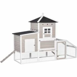 PawHut Poulailler Cottage Cage à Poules Sur Pied Dim. 235L X 83l X 171H Cm Multi-équipement Toits Bitumés Bois Sapin Blanc Gris