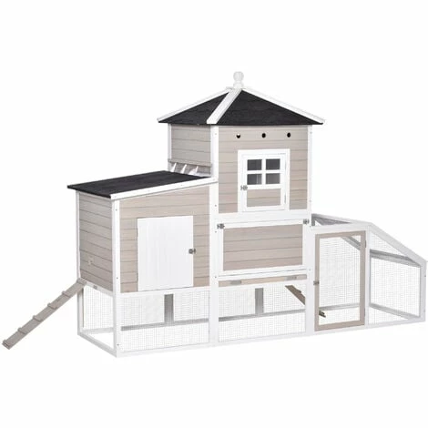 PawHut Poulailler cottage cage à poules sur pied dim. 235L x 83l x 171H cm multi-équipement toits bitumés bois sapin blanc gris PawHut Poulailler Cottage Cage à Poules Sur Pied Dim. 235L X 83l X 171H Cm Multi-équipement Toits Bitumés Bois Sapin Blanc Gris -PawHut Soldes Boutique 38154194 1