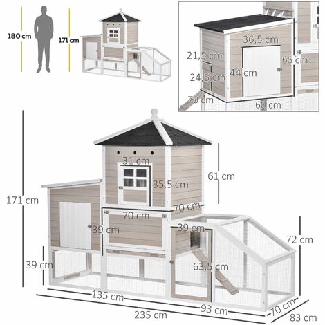 PawHut Poulailler cottage cage à poules sur pied dim. 235L x 83l x 171H cm multi-équipement toits bitumés bois sapin blanc gris PawHut Poulailler Cottage Cage à Poules Sur Pied Dim. 235L X 83l X 171H Cm Multi-équipement Toits Bitumés Bois Sapin Blanc Gris -PawHut Soldes Boutique 38154194 3