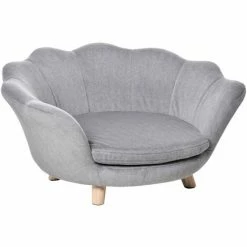 PawHut Canapé Chien Lit Pour Chien Design Contemporain Coquillage Coussin Moelleux Amovible Piètement Bois De Pin Gris