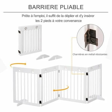 PawHut Barrière de sécurité pour animaux - barrière modulable pliable 4 panneaux - motif patte - 2 pieds support - bois de pin blanc PawHut Barrière De Sécurité Pour Animaux - Barrière Modulable Pliable 4 Panneaux - Motif Patte - 2 Pieds Support - Bois De Pin Blanc -PawHut Soldes Boutique 42169160 4