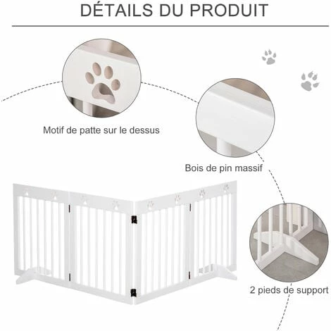 PawHut Barrière de sécurité pour animaux - barrière modulable pliable 4 panneaux - motif patte - 2 pieds support - bois de pin blanc PawHut Barrière De Sécurité Pour Animaux - Barrière Modulable Pliable 4 Panneaux - Motif Patte - 2 Pieds Support - Bois De Pin Blanc -PawHut Soldes Boutique 42169160 5