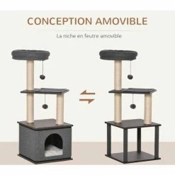 PawHut Arbre à Chat Centre D'activité Griffoirs Grattoirs H104 Cm Gris - Gris -PawHut Soldes Boutique 42169161 5