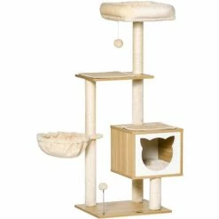 PawHut Arbre à Chat Multi-équipement Griffoirs Grattoirs Niche Hamac Panier Coussins Amovibles H126 Cm Peluche Courte Sisal Naturel Beige