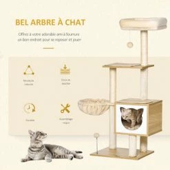 PawHut Arbre à Chat Multi-équipement Griffoirs Grattoirs Niche Hamac Panier Coussins Amovibles H126 Cm Peluche Courte Sisal Naturel Beige -PawHut Soldes Boutique 42169162 4