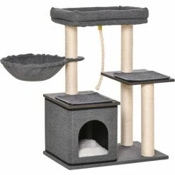 PawHut Arbre à Chat Avec Griffoir En Sisal Niche Lit Pour Chat Hamac Corde D'escalade Plateformes Panneaux Particules Coussins Gris - Gris