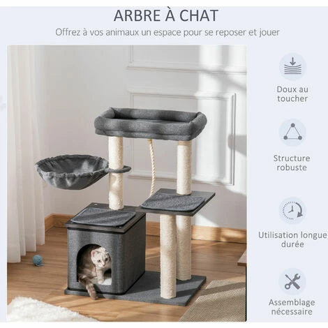 PawHut Arbre à chat avec griffoir en sisal niche lit pour chat hamac corde d'escalade plateformes panneaux particules coussins gris - Gris PawHut Arbre à Chat Avec Griffoir En Sisal Niche Lit Pour Chat Hamac Corde D'escalade Plateformes Panneaux Particules Coussins Gris - Gris -PawHut Soldes Boutique 42169163 4