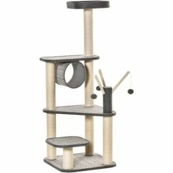 PawHut Arbre à Chats Multi-équipements H130 Cm Griffoirs Grattoirs Plateformes Tunnel Jeu Boules Suspendues Polyester Gris - Gris