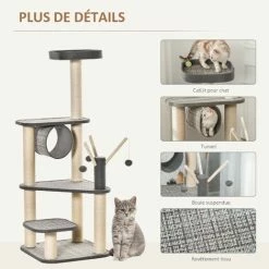 PawHut Arbre à Chats Multi-équipements H130 Cm Griffoirs Grattoirs Plateformes Tunnel Jeu Boules Suspendues Polyester Gris - Gris 6 PawHut Arbre à Chats Multi-équipements H130 Cm Griffoirs Grattoirs Plateformes Tunnel Jeu Boules Suspendues Polyester Gris - Gris -PawHut Soldes Boutique 42502411 5