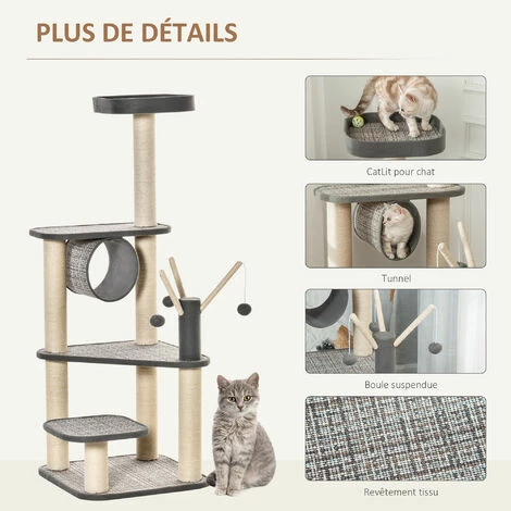 PawHut Arbre à chats multi-équipements H130 cm griffoirs grattoirs plateformes tunnel jeu boules suspendues polyester gris - Gris PawHut Arbre à Chats Multi-équipements H130 Cm Griffoirs Grattoirs Plateformes Tunnel Jeu Boules Suspendues Polyester Gris - Gris -PawHut Soldes Boutique 42502411 5