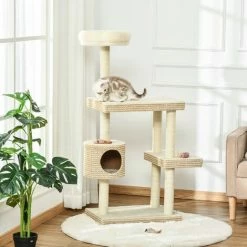 PawHut Arbre à Chats Style Cosy Chic H135 Cm Griffoirs Sisal Naturel Niche Plateformes Peluche Courte Bicolore Beige Café -PawHut Soldes Boutique 42502412 2