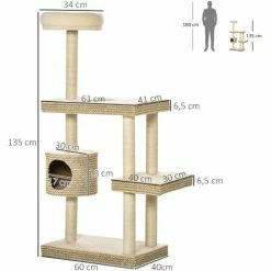 PawHut Arbre à Chats Style Cosy Chic H135 Cm Griffoirs Sisal Naturel Niche Plateformes Peluche Courte Bicolore Beige Café -PawHut Soldes Boutique 42502412 3