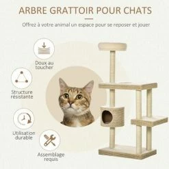 PawHut Arbre à Chats Style Cosy Chic H135 Cm Griffoirs Sisal Naturel Niche Plateformes Peluche Courte Bicolore Beige Café -PawHut Soldes Boutique 42502412 4