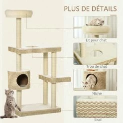 PawHut Arbre à Chats Style Cosy Chic H135 Cm Griffoirs Sisal Naturel Niche Plateformes Peluche Courte Bicolore Beige Café -PawHut Soldes Boutique 42502412 5