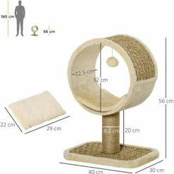 PawHut Arbre à Chat Rond Style Cosy Chic Griffoir Grattoirs Sisal Jeu Suspendu Souris Niche Avec Coussin Cordes D'algues Tressées Peluche Courte Beige -PawHut Soldes Boutique 42502413 3