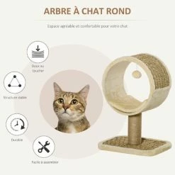 PawHut Arbre à Chat Rond Style Cosy Chic Griffoir Grattoirs Sisal Jeu Suspendu Souris Niche Avec Coussin Cordes D'algues Tressées Peluche Courte Beige -PawHut Soldes Boutique 42502413 4