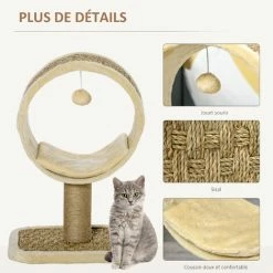 PawHut Arbre à Chat Rond Style Cosy Chic Griffoir Grattoirs Sisal Jeu Suspendu Souris Niche Avec Coussin Cordes D'algues Tressées Peluche Courte Beige -PawHut Soldes Boutique 42502413 5