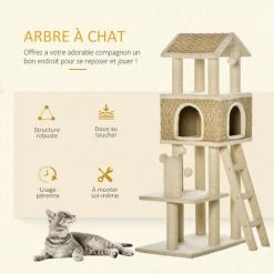 PawHut Arbre à Chats Style Cosy Chic Griffoirs Sisal Naturel Grande Niche Plateforme échelle Jeu Boules Tourniquet Peluche Courte Cordes D'algues Tressées - Beige -PawHut Soldes Boutique 42502414 5