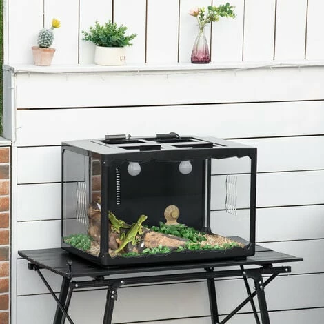 PawHut Terrarium en verre - vivarium reptiles & batraciens - habitat tortue - couvercle grillagé 2 parties amovibles - distributeur eau, thermomètre, 2 douilles inclus - ABS acrylique noir PawHut Terrarium En Verre - Vivarium Reptiles & Batraciens - Habitat Tortue - Couvercle Grillagé 2 Parties Amovibles - Distributeur Eau, Thermomètre, 2 Douilles Inclus - ABS Acrylique Noir -PawHut Soldes Boutique 43542921 2