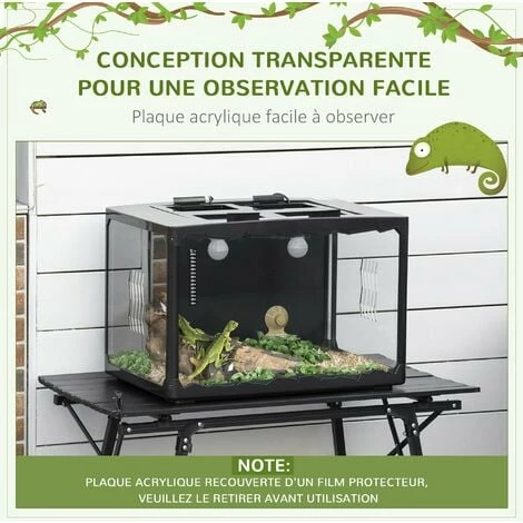 PawHut Terrarium en verre - vivarium reptiles & batraciens - habitat tortue - couvercle grillagé 2 parties amovibles - distributeur eau, thermomètre, 2 douilles inclus - ABS acrylique noir PawHut Terrarium En Verre - Vivarium Reptiles & Batraciens - Habitat Tortue - Couvercle Grillagé 2 Parties Amovibles - Distributeur Eau, Thermomètre, 2 Douilles Inclus - ABS Acrylique Noir -PawHut Soldes Boutique 43542921 4