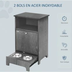 PawHut Meuble De Rangement Pour Animaux - Autopetfeeder Station - Placard Porte Basculante - Niche - Tiroir Coulissant 2 Gamelles Acier Inox. Intégrées - Aspect Bois Gris - Gris -PawHut Soldes Boutique 44066350 5