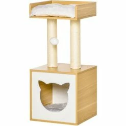 PawHut Arbre à Chat 2 Griffoirs Niche Entrée Tête De Chat Plateforme D'observation Jouet Suspendu Coussins Amovibles Peluche Grande Douceur Aspect Bois Clair - Beige