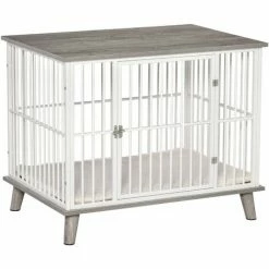 PawHut Cage Pour Chien Animaux Sur Pied - Dim. 86L X 60l X 70H Cm - Grand Coussin Peluche Courte Inclus - Porte Verrouillable - Acier Blanc Panneaux Particules Aspect Bois Gris - Gris