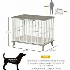 PawHut Cage Pour Chien Animaux Sur Pied - Dim. 86L X 60l X 70H Cm - Grand Coussin Peluche Courte Inclus - Porte Verrouillable - Acier Blanc Panneaux Particules Aspect Bois Gris - Gris -PawHut Soldes Boutique 45847812 3