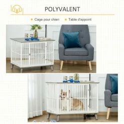 PawHut Cage Pour Chien Animaux Sur Pied - Dim. 86L X 60l X 70H Cm - Grand Coussin Peluche Courte Inclus - Porte Verrouillable - Acier Blanc Panneaux Particules Aspect Bois Gris - Gris -PawHut Soldes Boutique 45847812 4