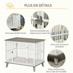PawHut Cage Pour Chien Animaux Sur Pied - Dim. 86L X 60l X 70H Cm - Grand Coussin Peluche Courte Inclus - Porte Verrouillable - Acier Blanc Panneaux Particules Aspect Bois Gris - Gris -PawHut Soldes Boutique 45847812 5