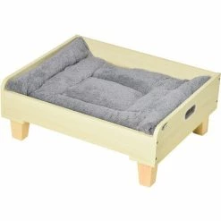 PawHut Canapé Panier Design Chien Chat Dim. 65L X 53l X 25H Cm Piètement Bois De Pin Coussin Gris Peluche Douce Inclus MDF Aspect Bois Clair - Beige