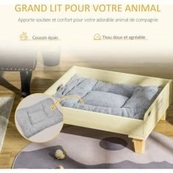 PawHut Canapé Panier Design Chien Chat Dim. 65L X 53l X 25H Cm Piètement Bois De Pin Coussin Gris Peluche Douce Inclus MDF Aspect Bois Clair - Beige -PawHut Soldes Boutique 45847823 4