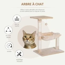PawHut Arbre à Chat 3 Griffoirs Grattoirs Sisal Naturel Plateforme Hamac Et Boule Suspendue Dim. 50L X 36l X 70H Cm Peluche Haute Densité 220 G/m² Beige - Beige -PawHut Soldes Boutique 45847837 4