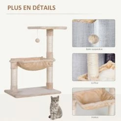 PawHut Arbre à Chat 3 Griffoirs Grattoirs Sisal Naturel Plateforme Hamac Et Boule Suspendue Dim. 50L X 36l X 70H Cm Peluche Haute Densité 220 G/m² Beige - Beige -PawHut Soldes Boutique 45847837 5