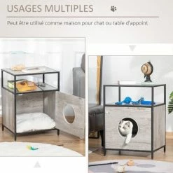 PawHut Maison De Toilette Pour Chat Style Contemporain Coussin Peluche Douce Inclus Châssis Acier Noir Aspect Bois Gris - Gris -PawHut Soldes Boutique 45847850 4